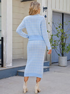 Plaid Cardigan And Pencil Midi Skirt Knit Co-ord Set For Women 2026
