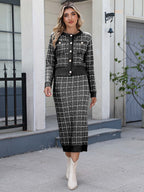 Plaid Cardigan And Pencil Midi Skirt Knit Co-ord Set For Women 2026