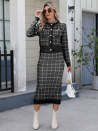 Plaid Cardigan And Pencil Midi Skirt Knit Co-ord Set For Women 2026