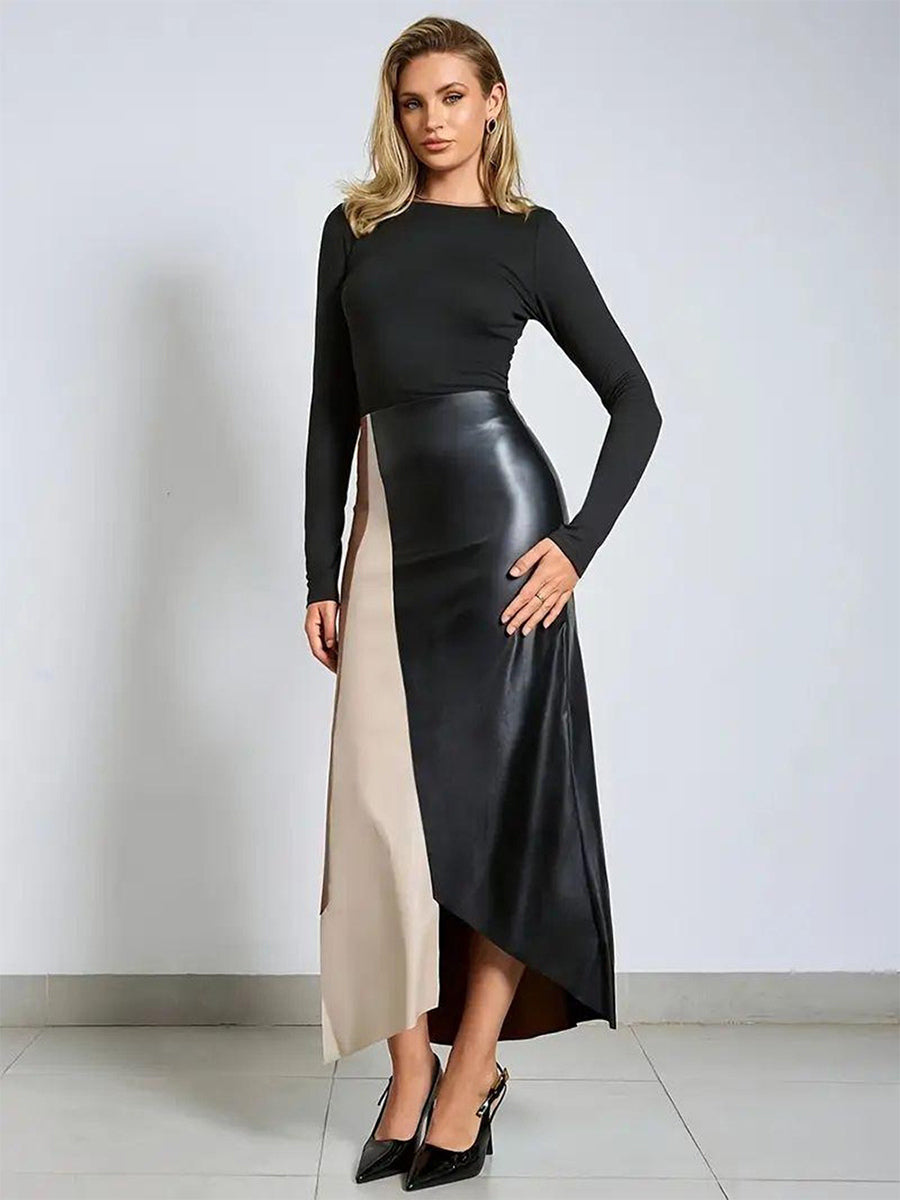 Faux Leather Skirt With High-Waist And Asymmetric Slit For Women 2026