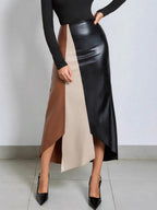 Faux Leather Skirt With High-Waist And Asymmetric Slit For Women 2026