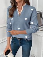 Heart Print V-Neck Sweater For Women 2026