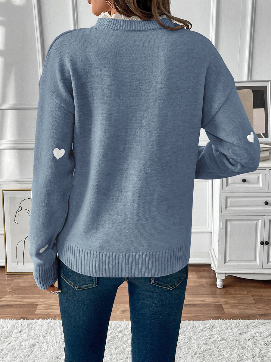 Heart Print V-Neck Sweater For Women 2026