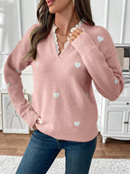 Heart Print V-Neck Sweater For Women 2026