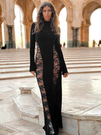 Black Lace Panel Bodycon Maxi Dress With Mock Neck For Women 2026