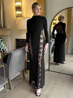 Black Lace Panel Bodycon Maxi Dress With Mock Neck For Women 2026