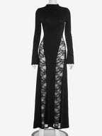 Black Lace Panel Bodycon Maxi Dress With Mock Neck For Women 2026