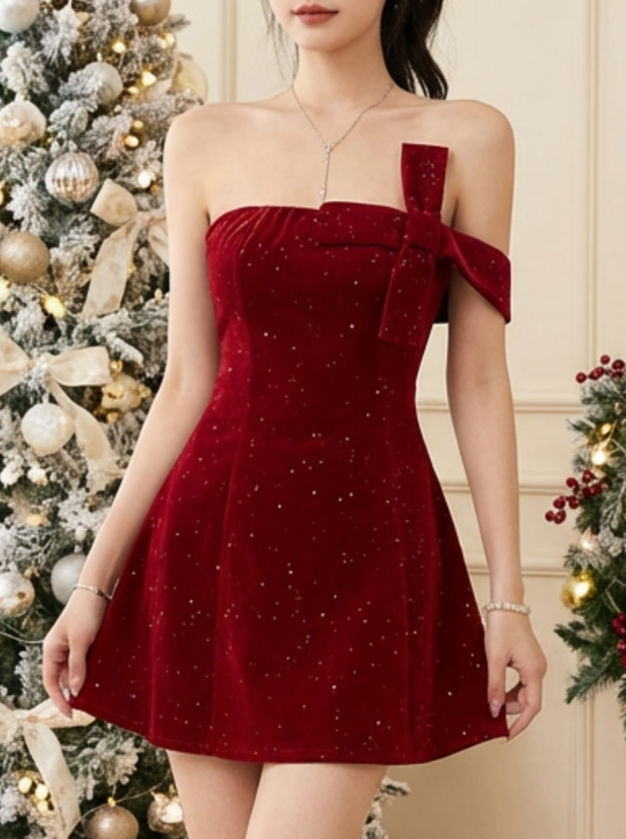 Sequins Backless Strapless Top Bow Zipper Mini&Short Dresses