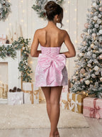 Jacquard Strapless Top Bow Straps Backless Solid Color Mini&Short Dresses