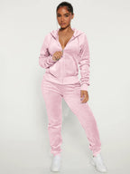Velour Zip Up Slim Fit Hoodie Jogger Set For Women 2026