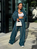 Piping Trim Zip Up Crop Tracksuit With Wide Leg For Women 2026