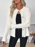 Heart Button Ribbed Knit Cardigan Round Neck Long Sleeve Top For Women 2026