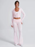 Knit Crop Zip Up Hoodie And Flared Pants Two Piece Co-ord Set For Women 2026