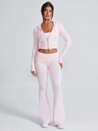 Knit Crop Zip Up Hoodie And Flared Pants Two Piece Co-ord Set For Women 2026