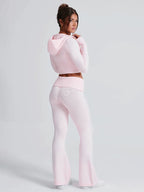 Knit Crop Zip Up Hoodie And Flared Pants Two Piece Co-ord Set For Women 2026