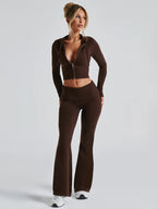 Knit Crop Zip Up Hoodie And Flared Pants Two Piece Co-ord Set For Women 2026