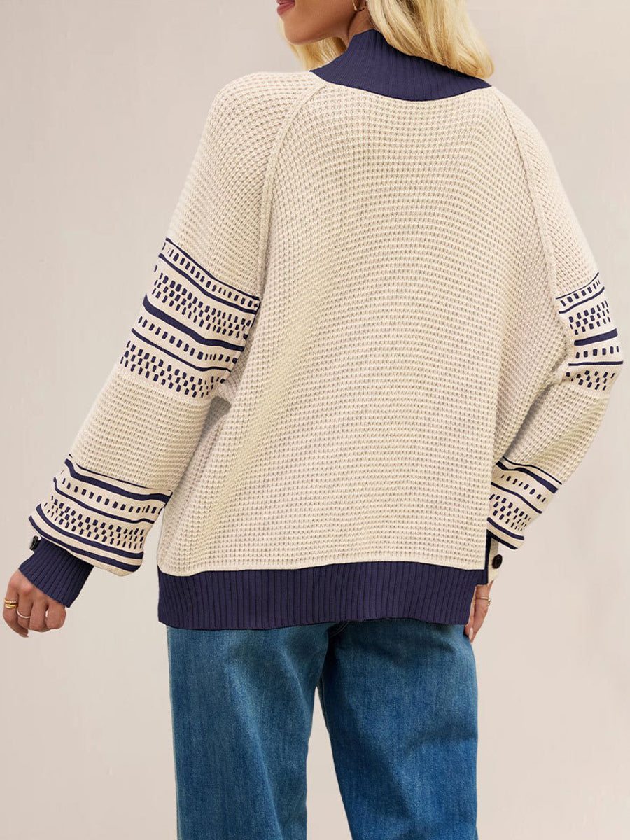 Mock Neck Knit Sweater Stripe Print Sleeve Button For Women 2026