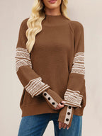 Mock Neck Knit Sweater Stripe Print Sleeve Button For Women 2026