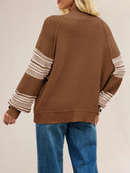 Mock Neck Knit Sweater Stripe Print Sleeve Button For Women 2026