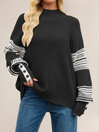 Mock Neck Knit Sweater Stripe Print Sleeve Button For Women 2026