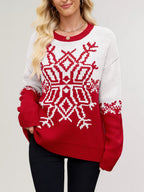 Snowflake Print Christmas Sweater Red White Knit Pullover For Women 2026