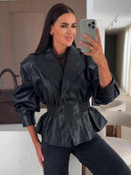 Chic Black Faux Leather Peplum Jacket Elastic Waist Blazer For Women 2026