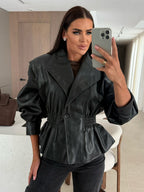 Chic Black Faux Leather Peplum Jacket Elastic Waist Blazer For Women 2026