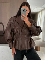 Chic Black Faux Leather Peplum Jacket Elastic Waist Blazer For Women 2026