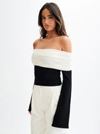 Off Shoulder Two Tone Color Block Knit Long Sleeve Top For Women 2026