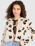 Leopard Print Crop Cardigan Tie Front Long Sleeve Knit Top For Women 2026