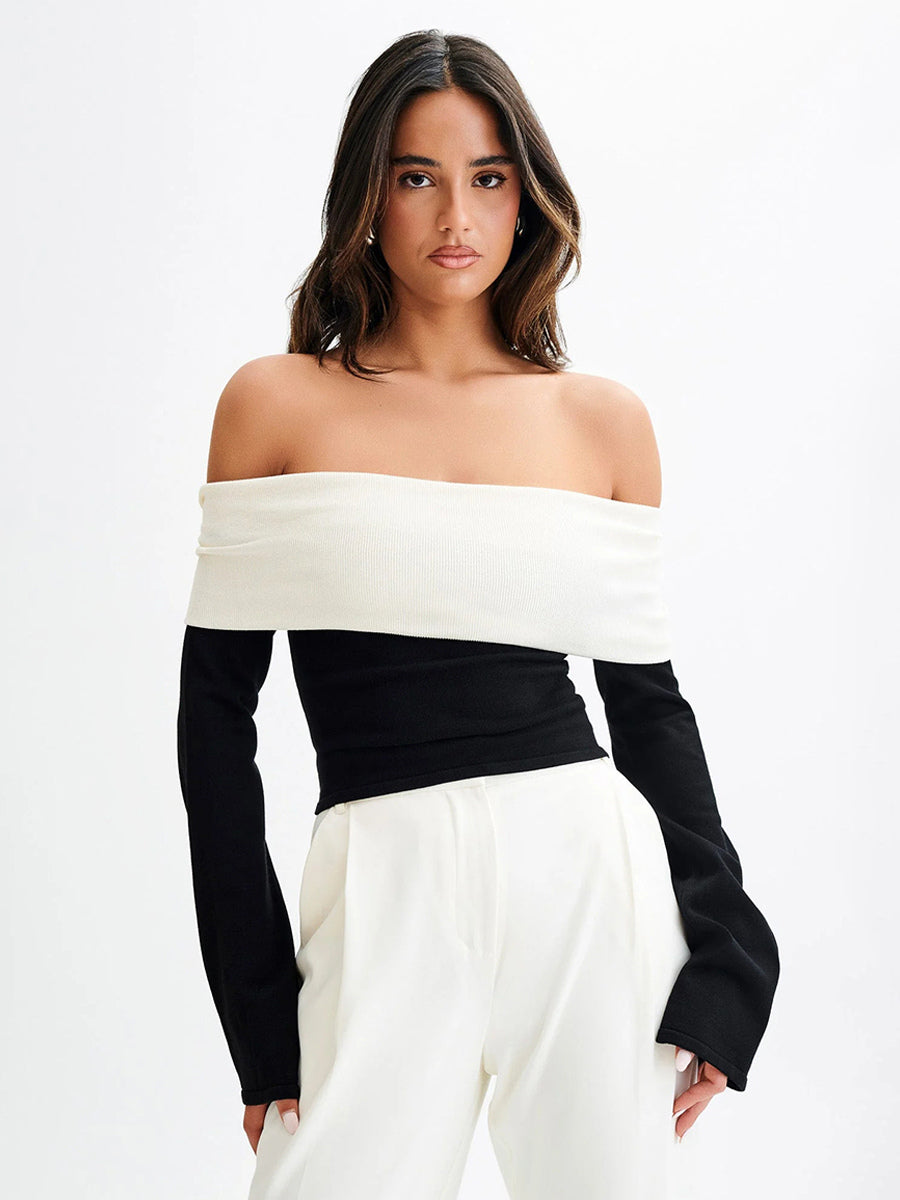 Off Shoulder Two Tone Color Block Knit Long Sleeve Top For Women 2026