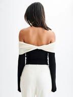 Off Shoulder Two Tone Color Block Knit Long Sleeve Top For Women 2026
