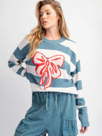 Sweet Striped Bow Print Oversized Knit Sweater Top For Women 2026