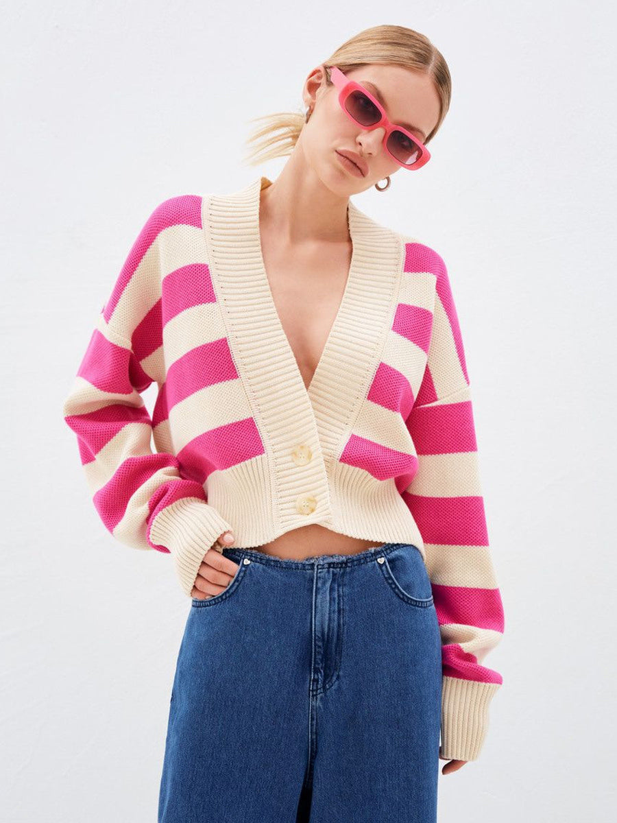 Striped V-Neck Crop Cardigan Knit Button Up Sweater For Women 2026