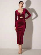 Sexy Bargendy Velvet Cutout Midi Dress Long Sleeve Bodycon Dress For Women 2026