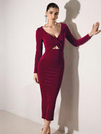 Sexy Bargendy Velvet Cutout Midi Dress Long Sleeve Bodycon Dress For Women 2026