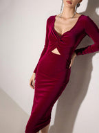 Sexy Bargendy Velvet Cutout Midi Dress Long Sleeve Bodycon Dress For Women 2026