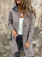 Long Knit Cardigan Denim Patchwork Pocket Button Sweater Coat For Women 2026