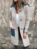 Long Knit Cardigan Denim Patchwork Pocket Button Sweater Coat For Women 2026