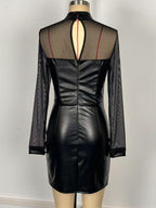 Black Mesh Patchwork Faux Leather Bodycon Mini Dress For Women 2026