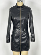 Sexy High Neck Long Sleeve Zipper Front Faux Leather Mini Dress For Women 2026