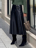 Black Vintage Pleated Faux Leather Midi Skirt With Double Buckle For Women 2026
