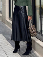 Black Vintage Pleated Faux Leather Midi Skirt With Double Buckle For Women 2026