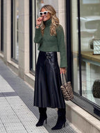 Black Vintage Pleated Faux Leather Midi Skirt With Double Buckle For Women 2026