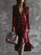 Suit Collar Double-breasted Slim Fit Velvet Maxi Dresses