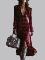 Suit Collar Double-breasted Slim Fit Velvet Maxi Dresses