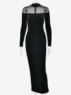 Velvet Mesh Patchwork High Neck Long Sleeve Bodycon Maxi Dress For Women 2026