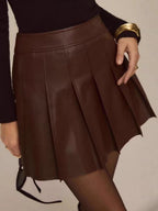 High Waist Chocolate Faux Leather Knife Pleat Mini Skirt For Women 2026