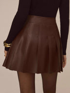 High Waist Chocolate Faux Leather Knife Pleat Mini Skirt For Women 2026