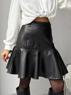 High Waist Faux Leather Ruffled Hem Mermaid Mini Skirt For Women 2026